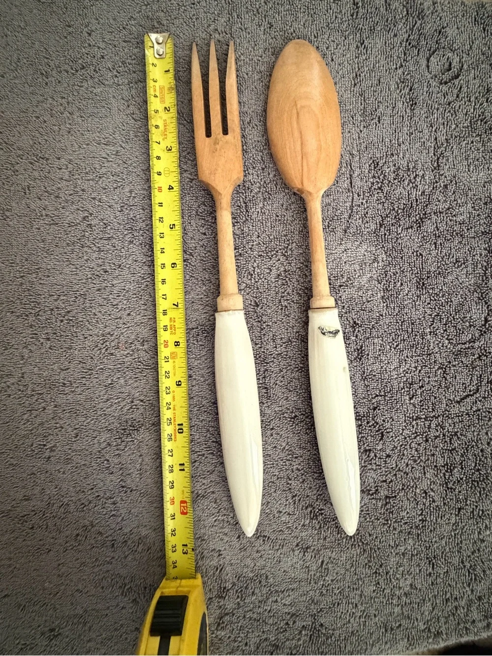 Wooden Serving Spoon and Fork Set with Cream Decorative Ceramic Handles
